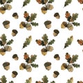 Acorns on a branch with oak leaves, autumn watercolor, seamless pattern Royalty Free Stock Photo